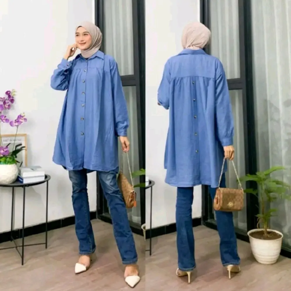 Tunik Polo Linen Atasan Muslim Wanita Dewasa Lengan Panjang dengan Kancing Depan Belakang