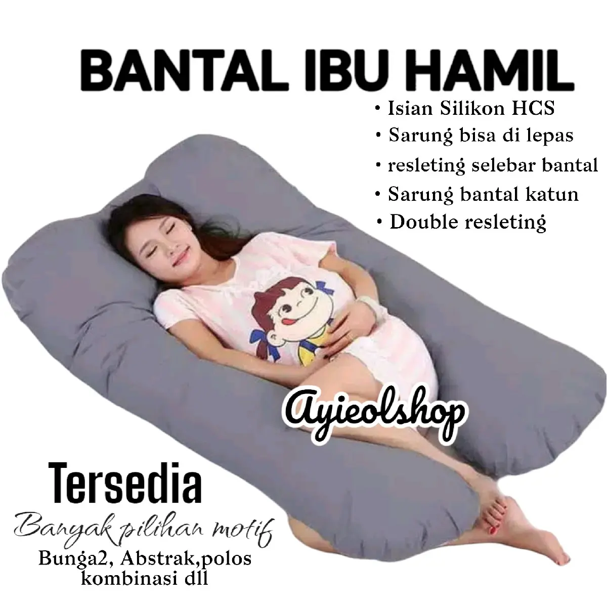 Ayieolshop Bantal Hamil Premium Sarung Bisa Dilepas 75x120cm Kode 2 Lapis Kain Putih Isi Silikon HCS Lembut Kenyal untuk Kenyamanan Ibu Hamil