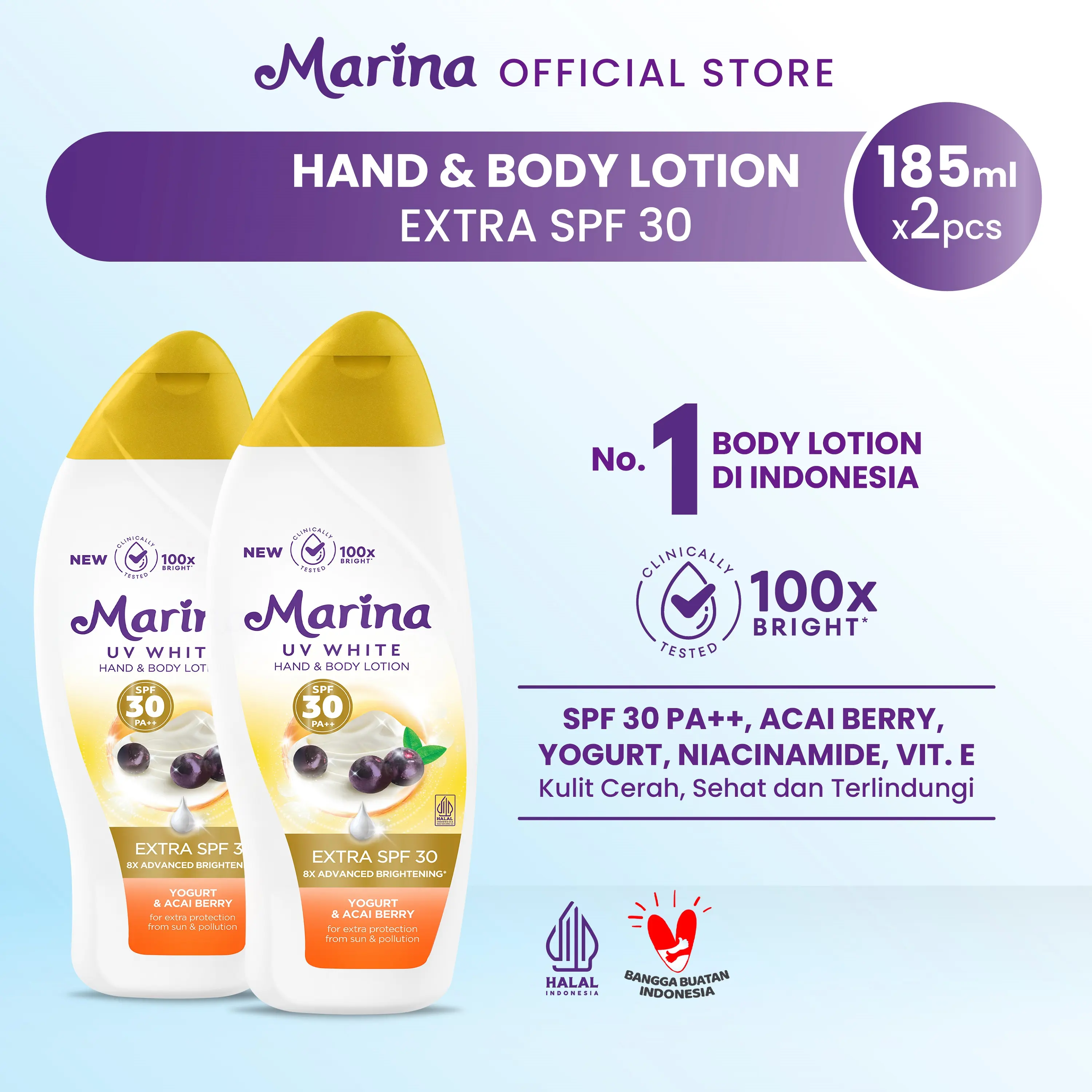 Marina Hand Body Lotion UV White Extra SPF30 185ml [2pcs] - Mencegah Paparan Sinar Matahari