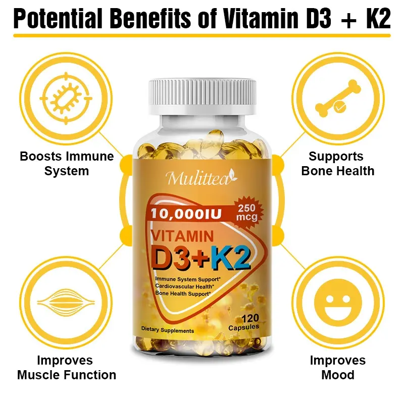 Mulittea 60pcs 10,000IU Vitamin D3+K2 250mcg Vegan Kapsul Suplemen Multivitamin dengan Vitamin D3 dan K2 untuk Kesehatan Tulang Kesehatan Tulang dan Sendi suplemen kesehatan mulittea vitamin d3 k2 nyeri whitening collagen 2