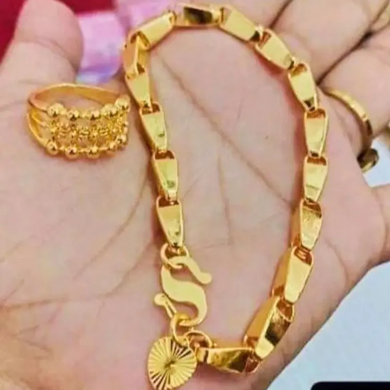 set perhiasan titanium gelang free cincin motif padi  original anti luntur dan karat COD Emas Kalung