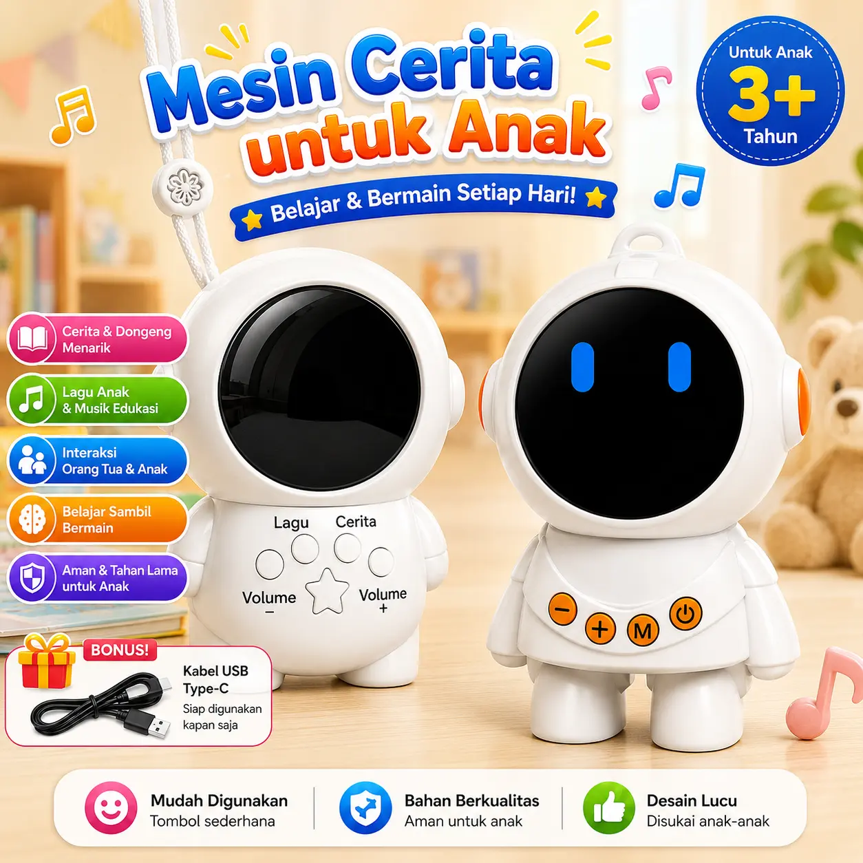 【COD】 Mesin Cerita Pendidikan Anak Usia Dini  Pemutar Musik Astronot - Cerita & Musik untuk Anak  15 Lagu & 10 Cerita Populer & Nyanyian pengantar tidur Baterai Tahan 2 Jam Hadiah Terbaik untuk Anak Usia 3+ Tahun
