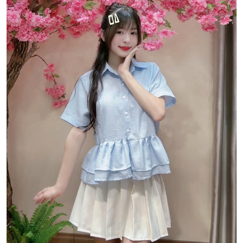 Kozoda Áo sơ mi nữ SM402 chất đũi xốp họa tiết kẻ sọc cổ sen dáng babydoll xòe tiểu thư ngắn tay phong cách thanh lịch