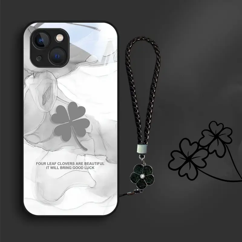 Ốp Điện Thoại Cỏ Bốn Lá, Thiết Kế May Mắn, Tương Thích Với iPhone 14 Pro Max / 14 Plus / 13 Pro Max / 12Pro Max / 11 Pro Max / XS Max / XR, Ốp Điện Thoại Xu Hướng Chống Sốc, Chất Liệu Kính, Keo Mềm TPU 7