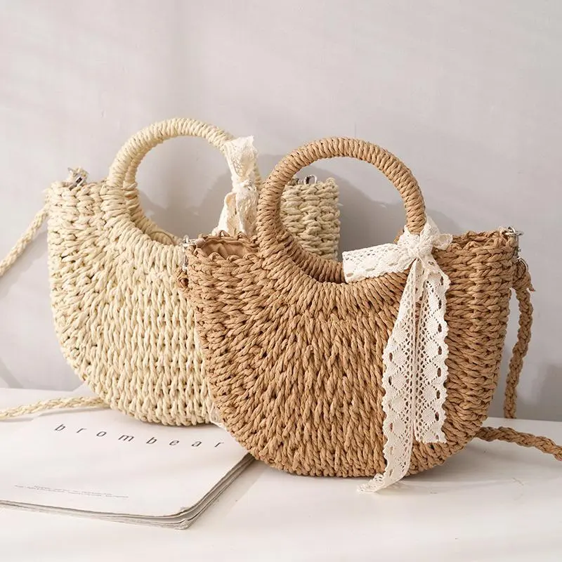 Summer Half Moon Handmade Straw Shoulder Crossbody Bags for Women Small Rattan Woven Ribbons Handbag