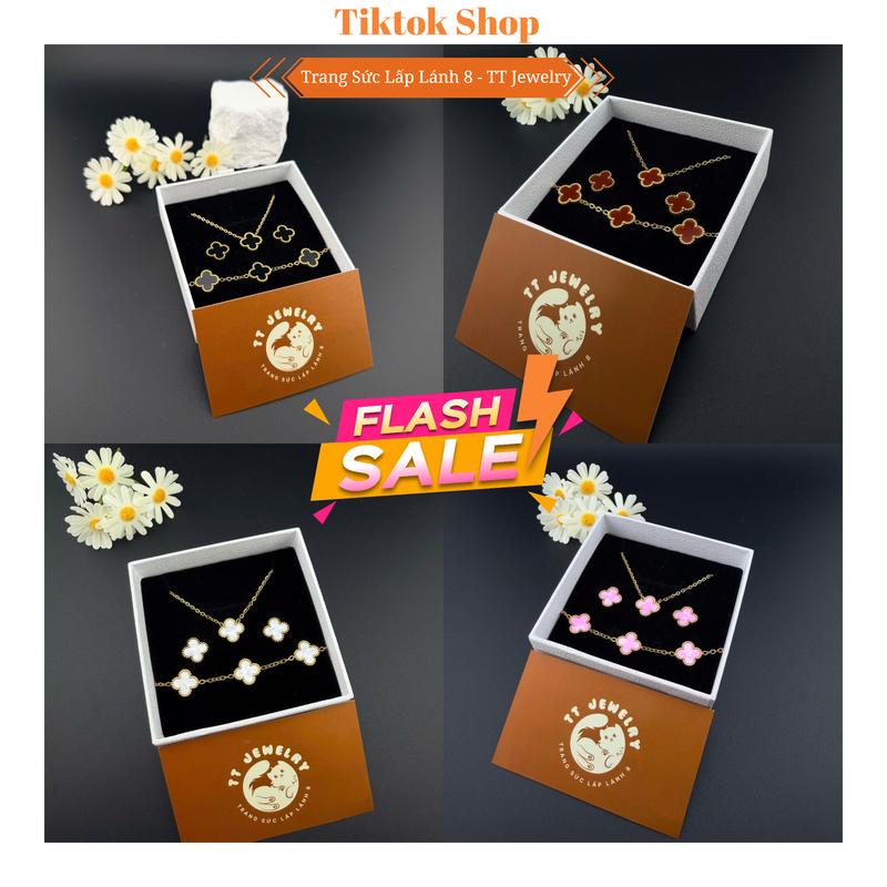 SET03A - Bộ Set Ba Món Dây Chuyền Bông Tai Lắc Tay Cỏ Bốn Lá May Mắn - Không Đen Rỉ