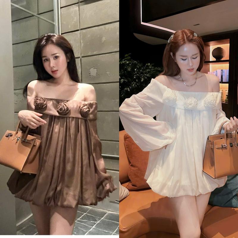   TTặng quần  Váy tơ óng trễ vai đính nơ dáng suông tay dày phong cách tiểu thư sang chảnh  thanh lich HANHAN V293 