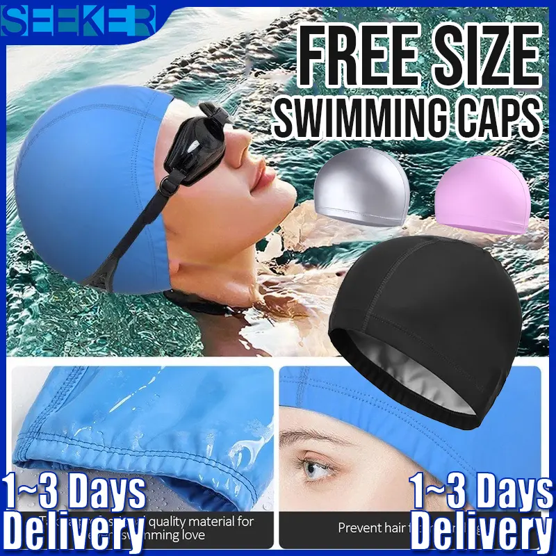 SG Fast Delivery Waterproof, high elasticity, breathable swimming cap, universal, high-end, comfortable, solid color printed PU waterproof swimming cap Christmas present