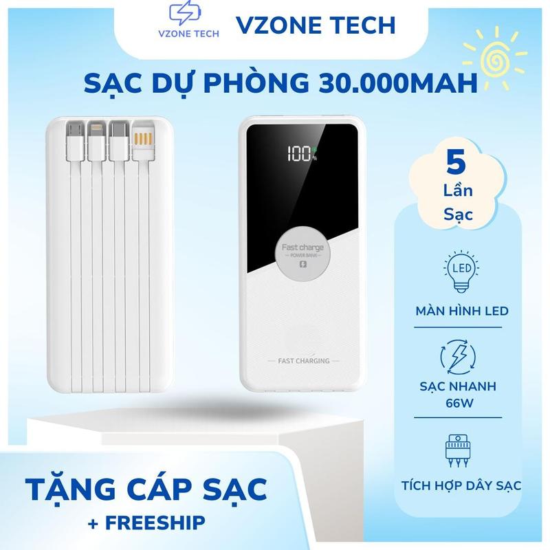 [Tặng Cáp Sạc 3 Đầu] Sạc Dự Phòng 30000mAh – Sạc Nhanh 22.5/120W, Tích Hợp Cáp, Sạc Đa Thiết Bị Pin Thế Hệ Mới