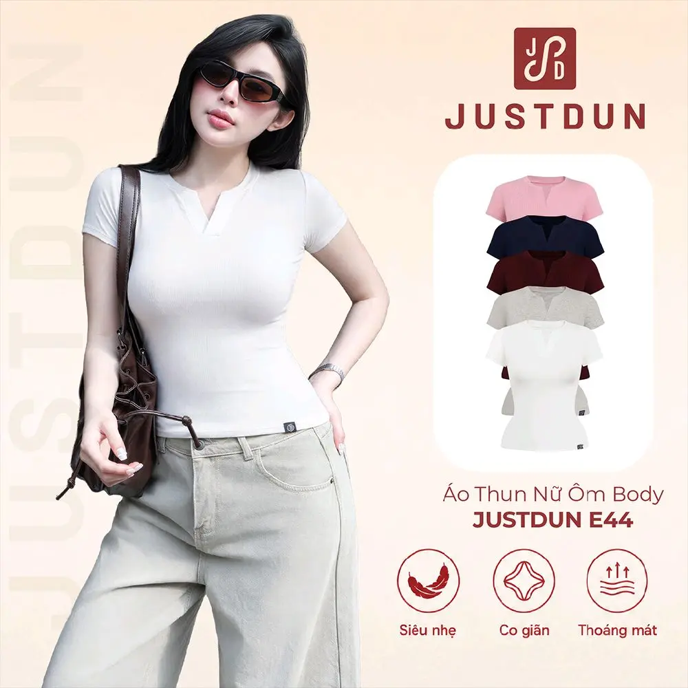 JUSTDUN Áo Thun Nữ Ôm Body JUSTDUN E44 – Cổ Trụ Tàu Tay Ngắn, Vải Cotton Mềm Mịn Co Giãn 4 Chiều, Thoáng Mát
