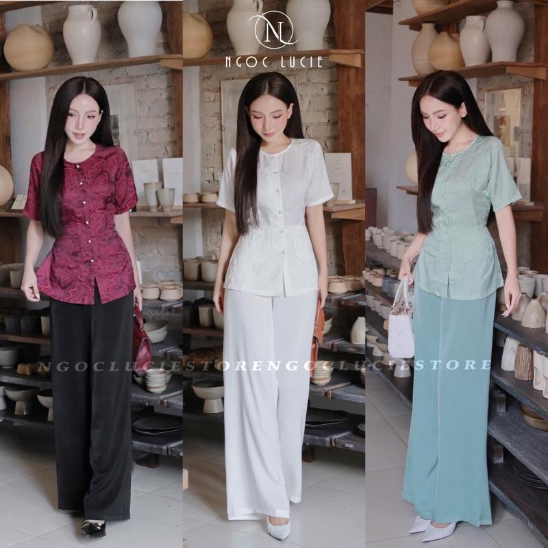 H02 - Set Đồ Bà Ba Gấm Quần Ống Suông Rộng + Áo Tay Ngắn Nút Ngọc - Ngọc Lucie