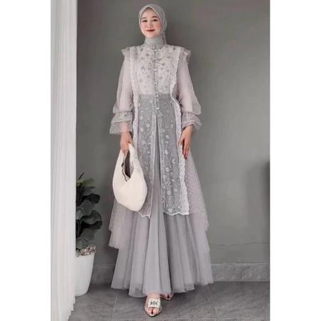 Outer brukat sarah tule bordir mix brukat baju lebaran 2025/ pesta kondangan/outer brukat kekinian Wanita Dewasa  Motif Brokat Muslim Panjang 3