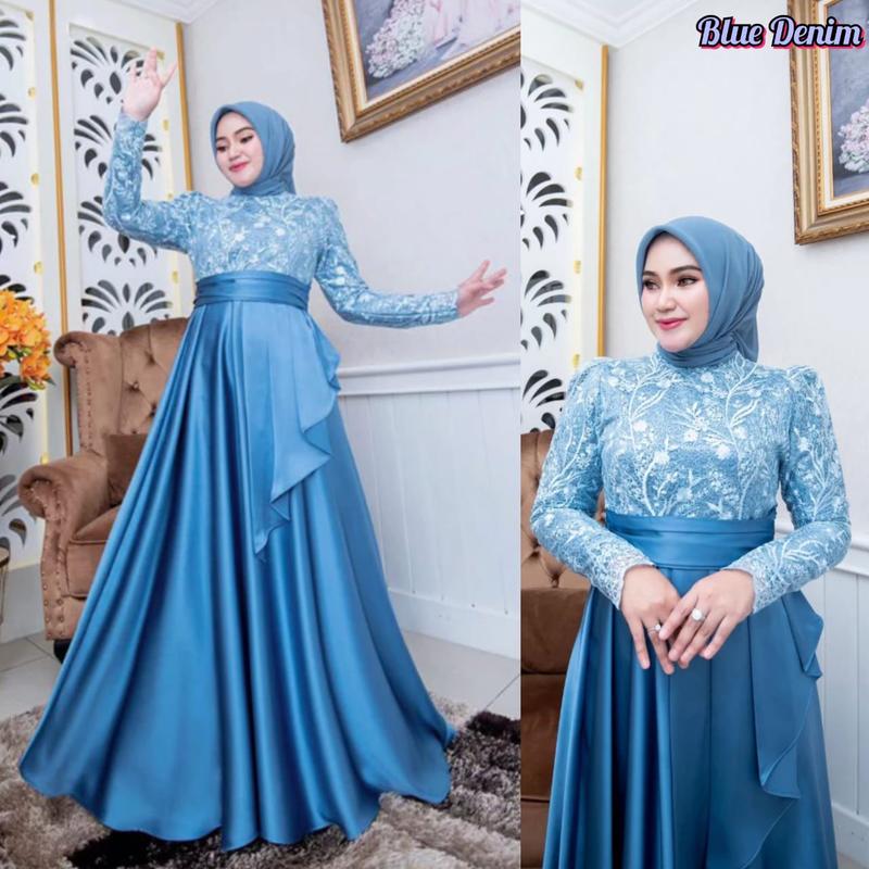 Dress Pesta Satin Roberto Mix Brokat / Gamis Keluaran Terbaru / Dress Aplikasi Brokat / Dress Wanita Jumbo / Azura Maxy Dress Kondangan Mewah 0