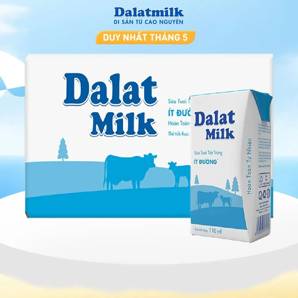 Thùng 48 hộp sữa tươi tiệt trùng Dalatmilk ít đường 110 ml (110 ml x 48)