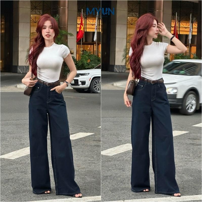MYUN - Quần Jean ống Loe nữ dáng , ống rộng 34cm, cạp cao tôn dáng, quần jean ống rộng loe denim xanh đen vải cotton Women Pants JL0001