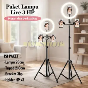 Paket Lampu Ring Light 26cm Live dan Tripod 2.1 Meter Free 3 Holder Hp Live Studio Streaming
