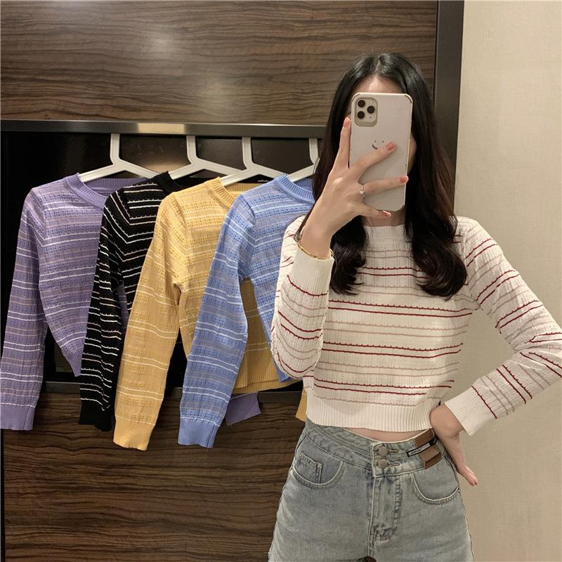 Product Introduction of Misso Kode BJ1653 Baju Atasan Sweater Knit Rajut Korean Fashion Wanita Lengan Panjang Motif Garis Knitwear Top Crop Salur  Stripe Outer 4