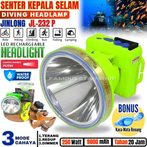 Jinlong Senter Kepala Diving JL-232P 250W / JL-132 150W Cahaya Putih Kuning 3 Mode Terang Redup SOS Bonus Kacamata Renang