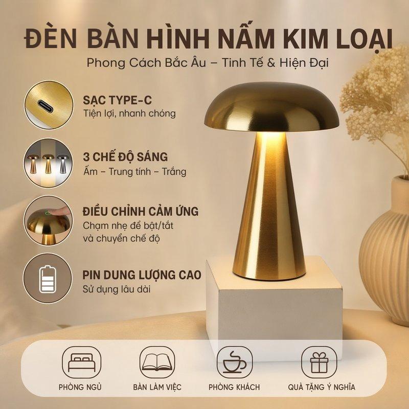 Đèn bàn hình nấm kim loại phong cách Bắc Âu, Đèn ngủ LED Loại C Có thể sạc, cảm ứng điều chỉnh, 3 chế độ sáng,pin dung lượng cao, dùng cho phòng ngủ/bàn làm việc/phòng khách/quà tặng