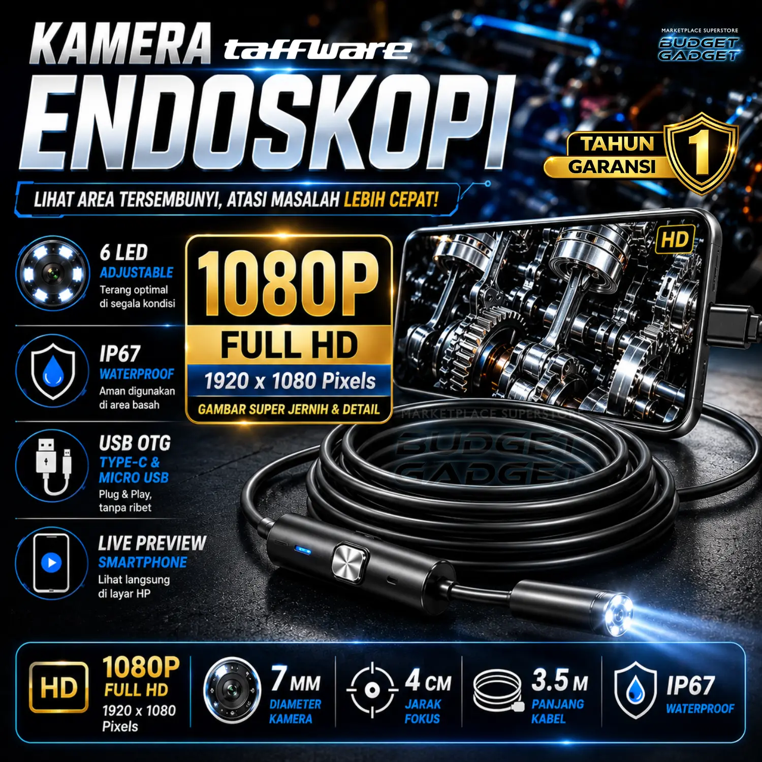 Taffware Kamera Endoskopi Industrial Borescope Endoscope USB 480P / 720P / 1080P Waterproof dengan Lampu LED Untuk Perbaikan Melihat Komponen Objek Saluran Mesin Kecil - AN98B