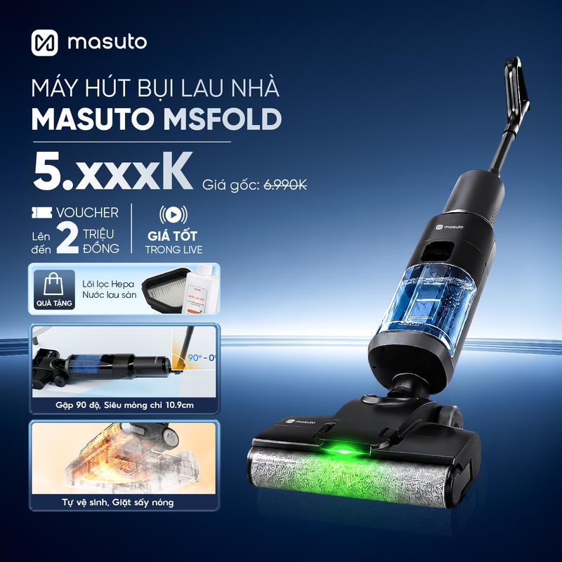 Máy hút bụi lau nhà không dây cầm tay Masuto FlexiFold | Lực hút siêu mạnh 15.000Pa, Tự vệ sinh 1 chạm,sấy khô con lăn, cây lau nhà thông minh