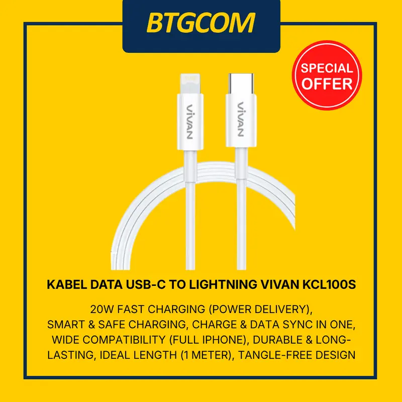 VIVAN KCL100S KABEL DATA USB TYPE-C TO LIGHTNING/IPHONE WHITE 1 METER 2,2A 20W FAST CHARGING POWER DELIVERY