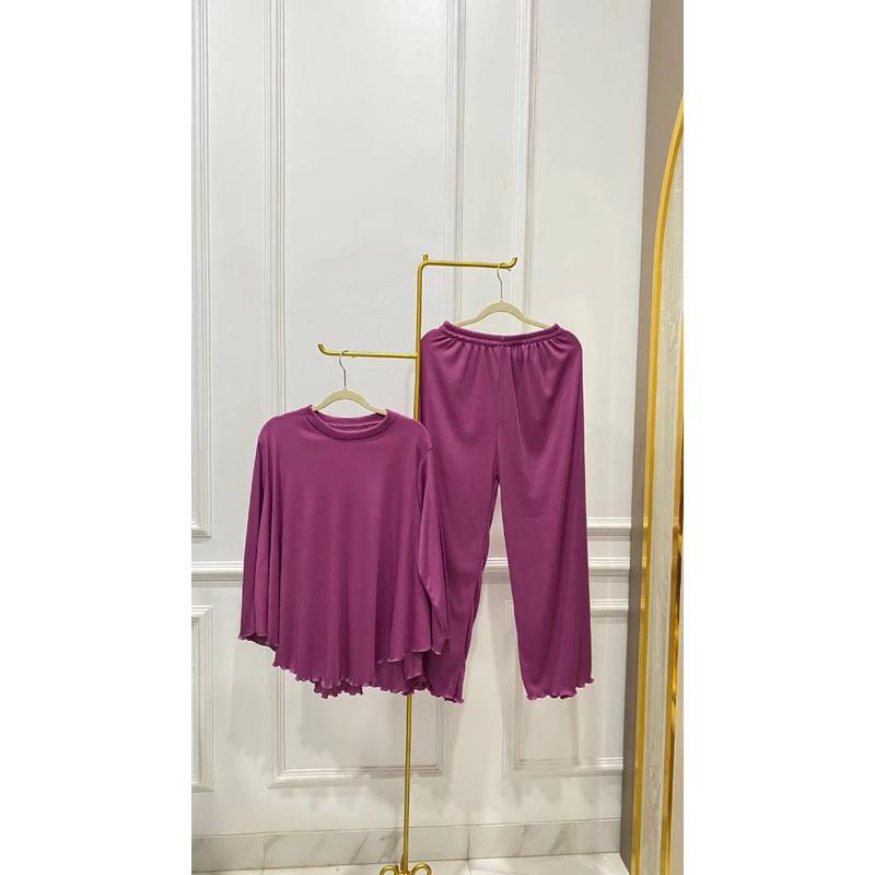Product Introduction of Setelan Rib Knit Wanita Lengan 7/8 Celana Panjang Baju Atasan Polos Formal Dewasa Nyaman 3