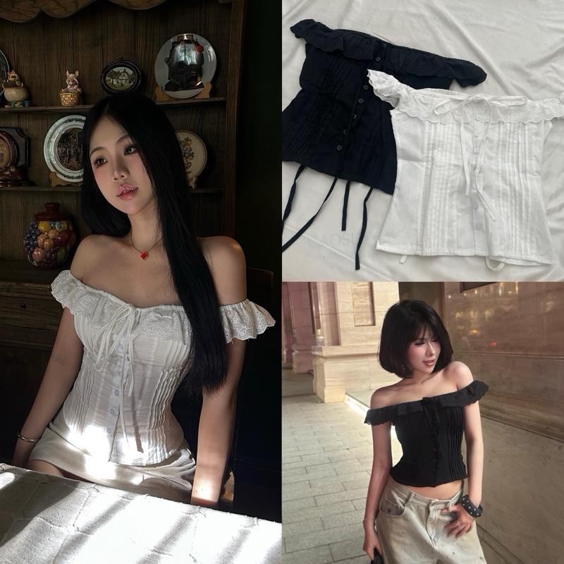 CHILLIE TOP - Áo Kiểu Bôi Thêu DEROSE Trễ Vai Mang Được 2 Kiểu Thắt Dây Sau Lưng Áo Kiểu Nữ