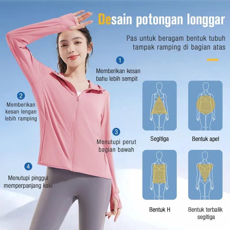 Jaket Anti UV Wanita Bahan Ice Silk Bernapas dengan Topi, Jaket Luar Ruangan Anti Sinar UV UPF50+, Pakaian Anti UV untuk Olahraga & Santai