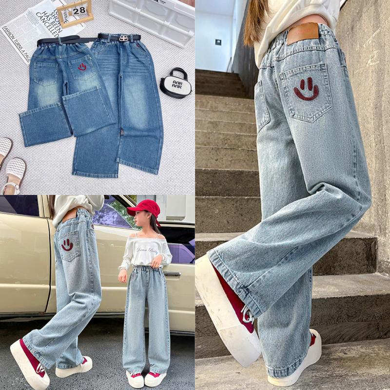 [B1608] Quần Jean Ống Suông Bé Gái 16 -50Kg Thêu hình mặt cười  Quần Bò Ống Rộng Mềm Mại