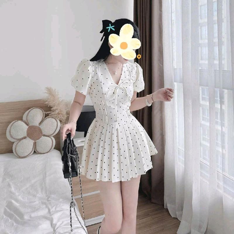  Đầm nữ cổ tim cột nơ cotton lạnh chấm bi xếp ly đơn giản xinh xắn  free size eo dưới 74cm  women dress 