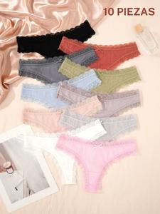 Tanga de mujer liso con decoración de moño y ribete de encaje, pantaleta cómoda y transpirable para uso diario, ropa interior femenina para todas las estaciones