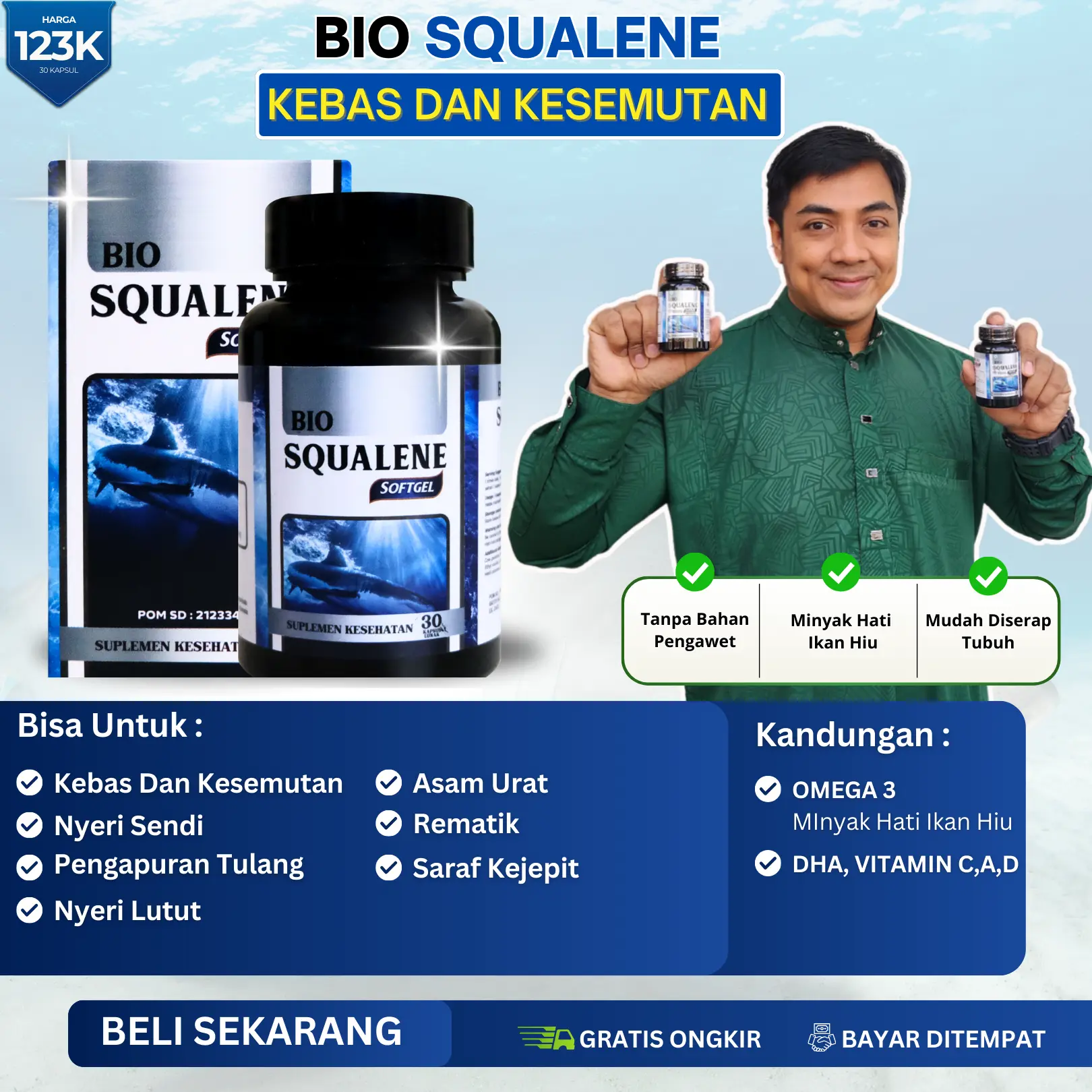 Bio Squalene Untuk Pengapuran Tulang, Atasi Kesemutan Kebas Asam urat, Rematik, Saraf Kejepit
