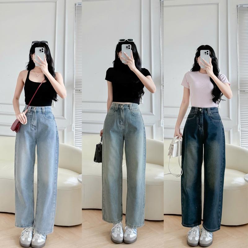  Quần Jeans Nữ Quần Jeans Suông Cạp Cao Trơn Dễ Phối Đồ Dài Quần 94-100cm Thảo Xinh Store 
