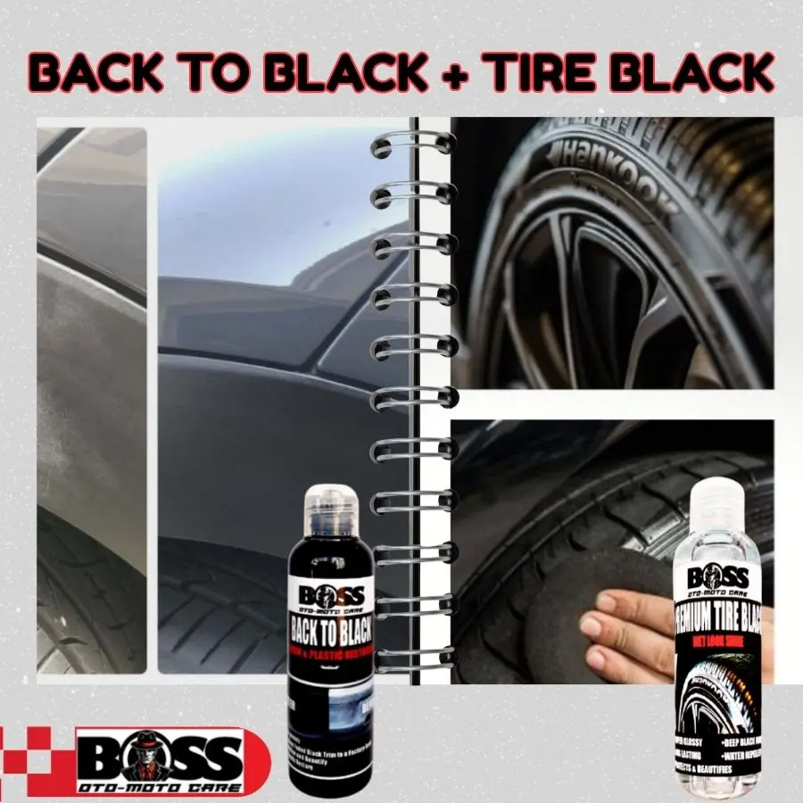 BOSS BACK TO BLACK AND TIRE BLACK, PLASTIC TRIM RESTORER, TIRE DRESSING,  SHINE TIRE CONDITIONER LIBRE SPONGE AT MICROFIBER CLOTH - TikTok Shop  Philippines