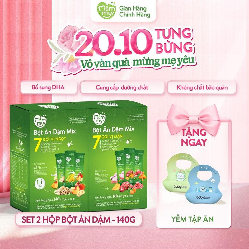 Combo 2 Hộp Bột Ăn Dặm Mămmy (Bắp non, Yến mạch, Trái cây mùa hè, Gà, Bò, Sườn) Bổ Sung Vitamin Khoáng Chất Giúp Bé Từ 6 Tháng Phát Triển Khoẻ Mạnh, Hộp 140gr (20gr x 7) - BOA