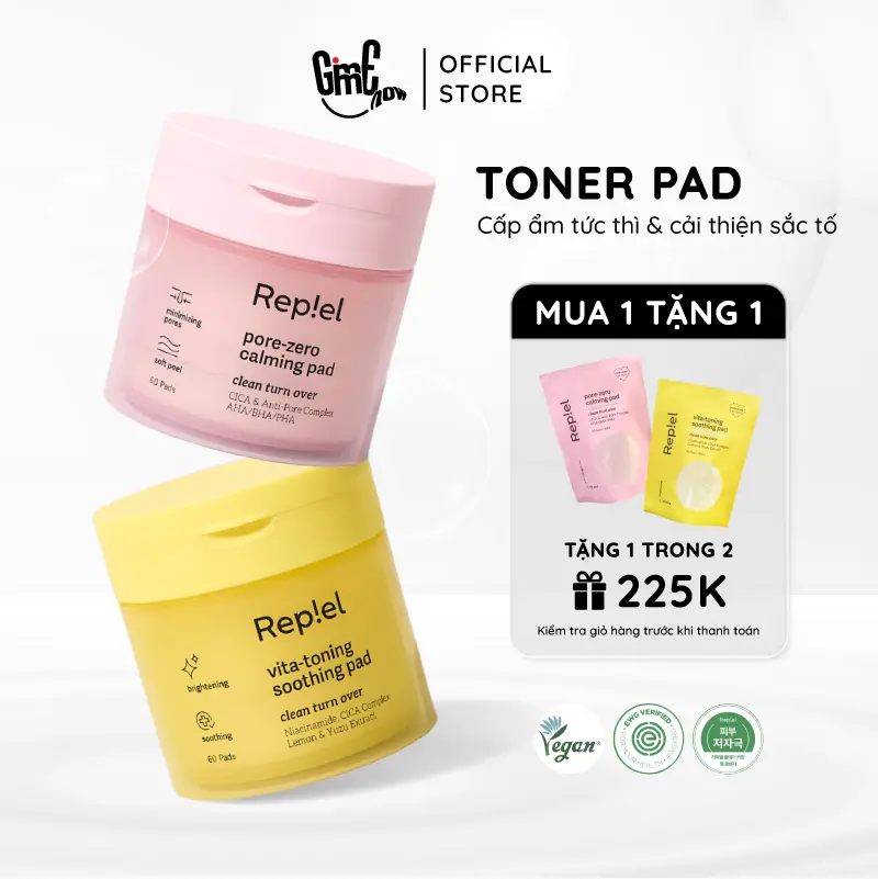 Tonner Pad Repiel - Dưỡng Sáng Da Mờ Thâm - Thu Nhỏ Lổ Chân Lông, Làm Dịu Da -  Pore Zero Calming Pad (Hồng) và Vita Toning Soothing Pad (Vàng)