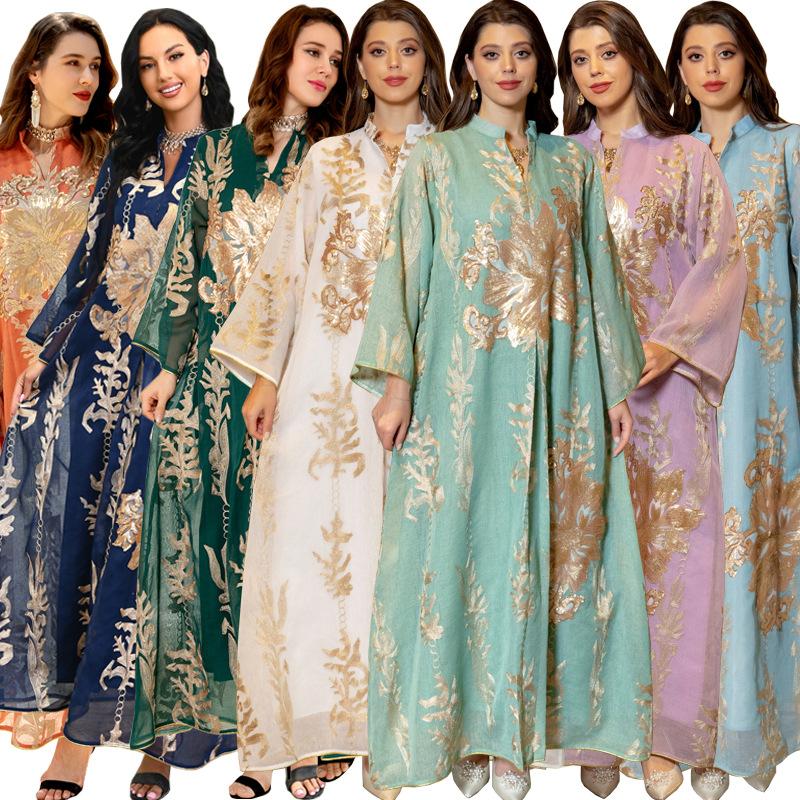 Product Introduction of Baju raya Middle East Cross border Golden Pearl Embroidered Yarn Muslim Female Jalabiya Dubai Arab Abaya 10