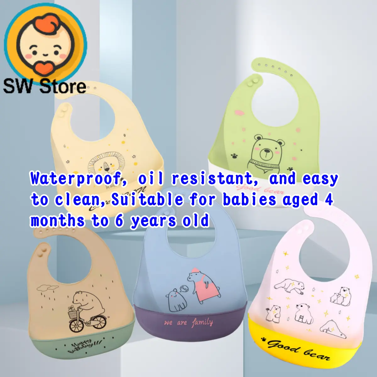 SW Kids baby silicone bib waterproof baby food bib children's bib large saliva bib no wash rice bib girl and boy bib sw507