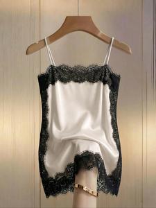 Blusa de mujer sexy para primavera/verano en satén con encaje, espalda descubierta, tirantes finos, cuello bajo y manga larga; vestido de fiesta a la moda