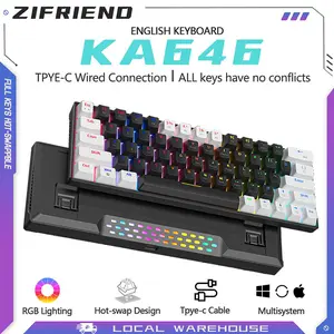 ZIFRIEND KA646 Keyboard Kabel Tipe-C 63 Tombol RGB Backlit Biru/Merah Hot-swap Anti-ghosting untuk Gaming dan Kantor Multisystem Mac/Vista/Win7/Win8/Win10/Win11/Android dengan Blue/Red Switch dan Kabel 1.5 Meter