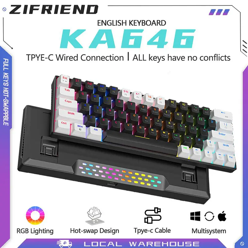 ZIFRIEND KA646 V2 RGB Keyboard Kabel Tipe-C Biru/Merah Hot-swap 3-5PIN Anti-ghosting untuk Gaming dan Kantor Multisystem Mac/Vista/Win7/Win8/Win10/Win11/Android dengan Blue/Red Switch
