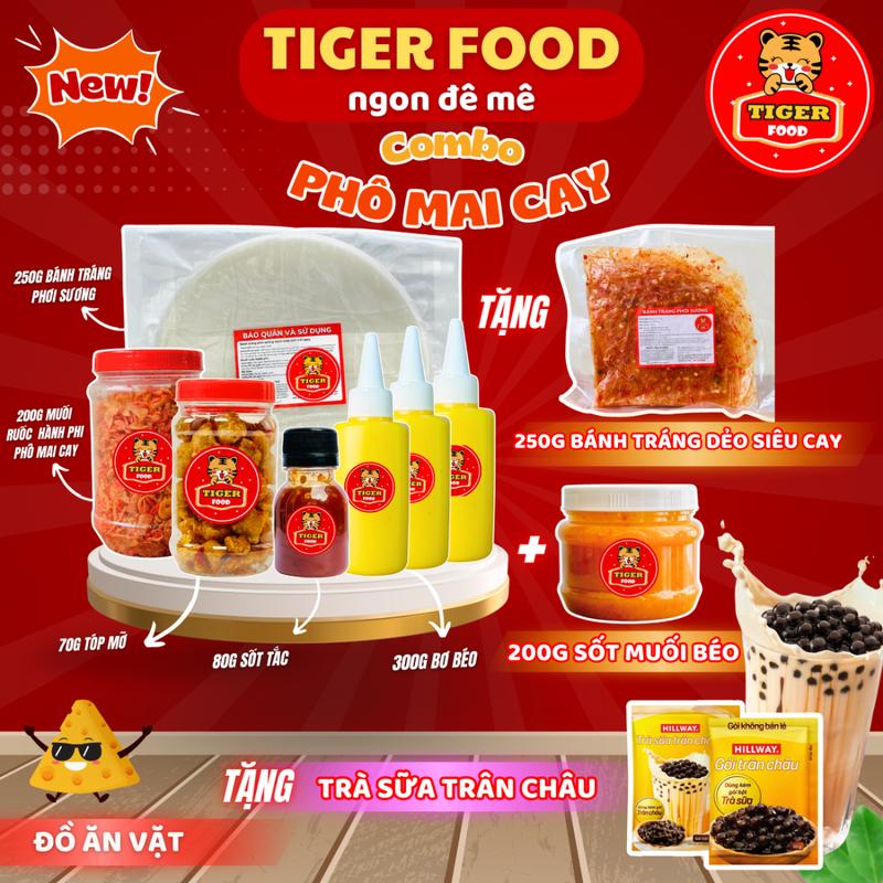 Bánh Tráng Phơi Sương + Bánh Tráng Dẻo Cay & Muối Tôm Hành Phi Phô Mai Cay + Bơ Béo + Muối Béo + Tóp Mỡ + Sốt tắc chua ngọt TIGER FOOD tặng kèm Trà Sứa Trân Châu - Đồ ăn vặt Snack Freeship