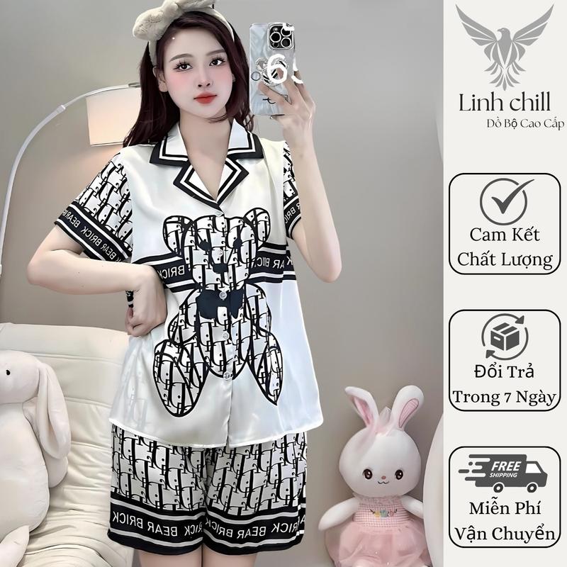  Đồ Bộ Xinh Pijama Nữ Cộc Tay Màu Trắng Đen Mặc Nhà Chất Lụa Mềm Mại Họa Tiết In Hình Gấu Cute Size 40-68kg set ngu xinh 