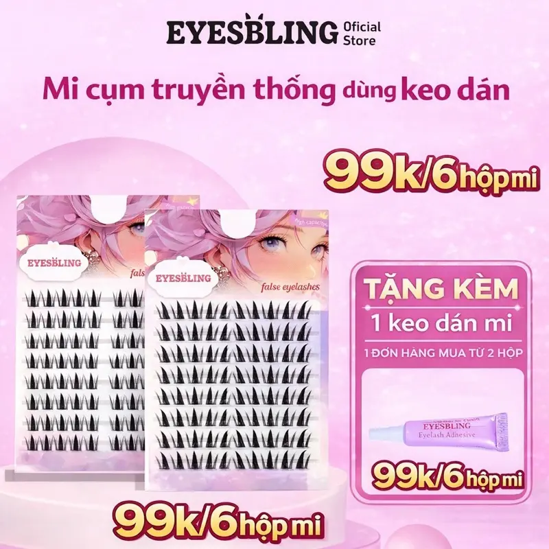[99k/6 hộp] Mi giả cụm(mi dùng keo để gắn), tặng keo khi đơn mua từ 2 hộp cho mỗi đơn Eyes Bling siêu tự nhiên tái sử dụng