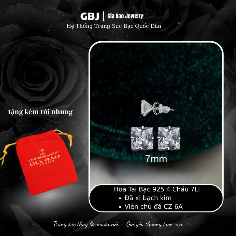 [1 ĐÔI] Hoa Tai Bạc Vuông 7Li (7mm) (chốt đẩy) XI KIM Đơn Giản Phong Cách Unisex GBJ447