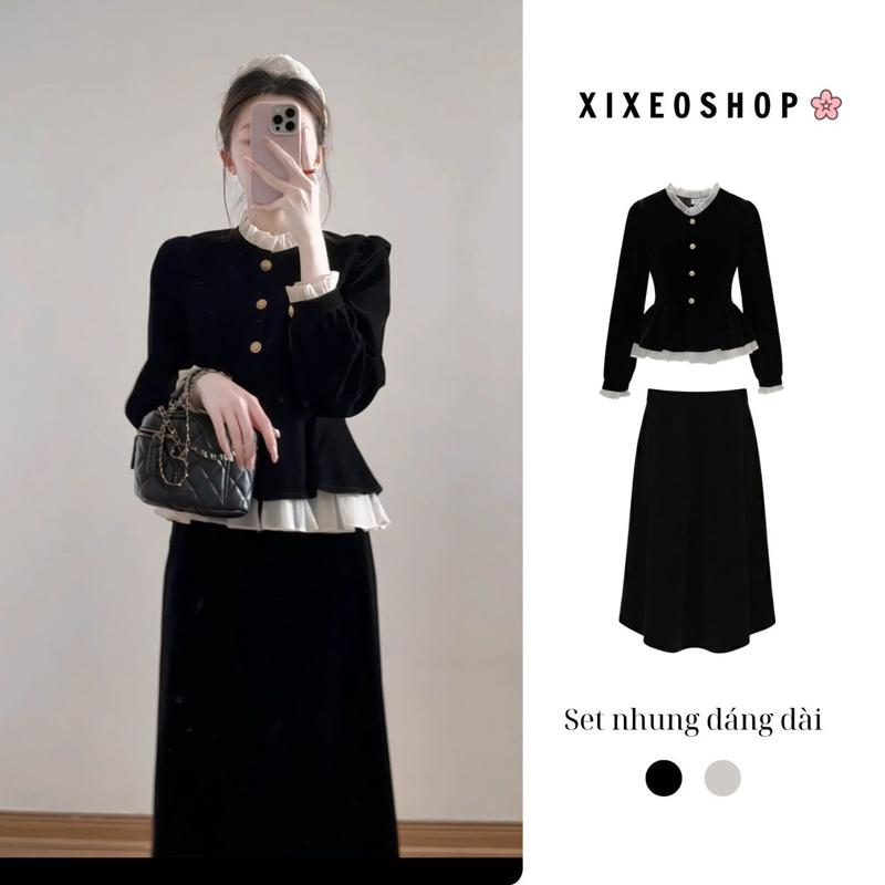 Set áo nhung XIXEOSHOP kèm chân váy dáng dài ngắn tiểu thư - S35