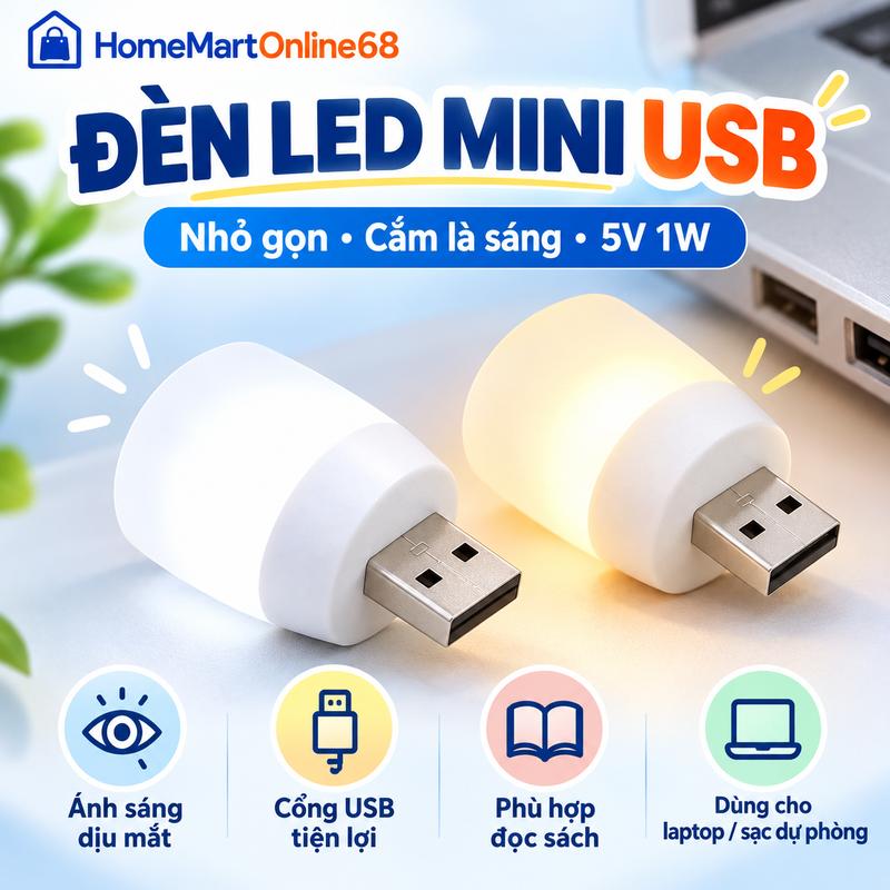 Combo 5 Đèn LED Mini Đọc Sách Tròn Nhỏ USB 5V 1W, Đèn LED Gắn Máy Tính Laptop, Đèn Chiếu Sáng Bàn Học Bàn Làm Việc Tiện Dụng | GiaDụngDuyKhánh68