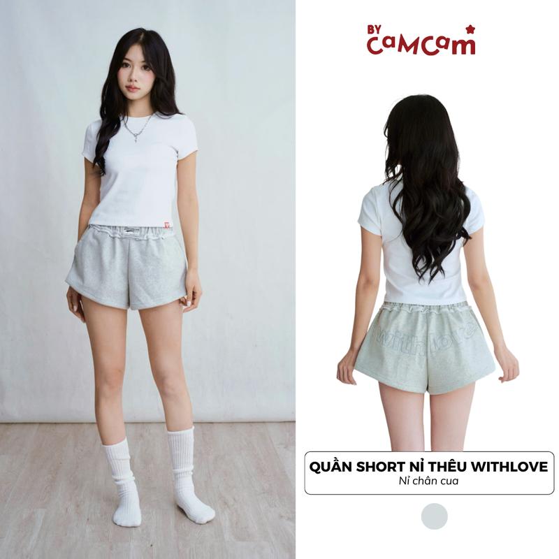 Quần Short Nỉ Chân Cua Phối Cạp Bèo Bycamcam Thêu WithLove Thân Sau Phong Cách Hàn Quốc