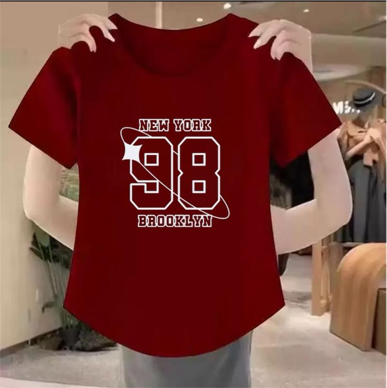 Delano_Clothing Baju Atasan Lengan Pendek Oval Motif Digital Printing Angka 98 Kaos Wanita Trendy 2025